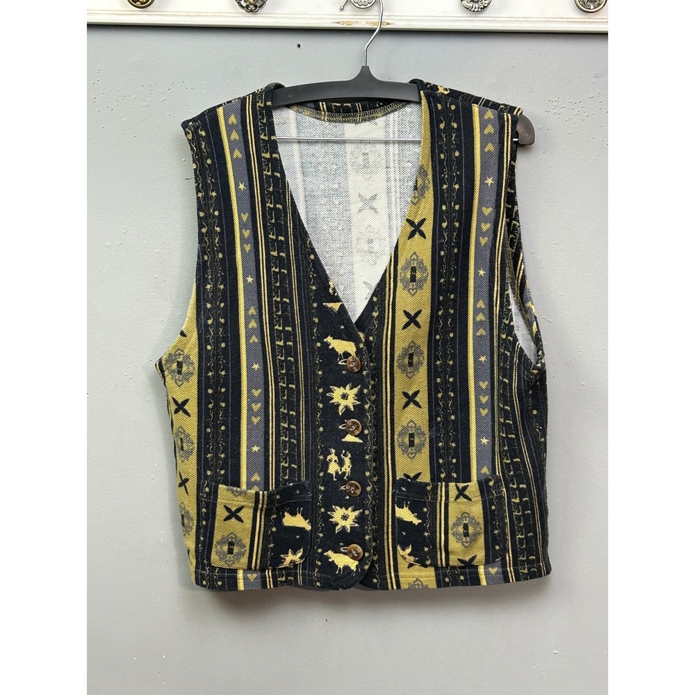 Bogner Vest Women 38 Black Yellow‎ Southwestern Wool Blend Button Front Vintage